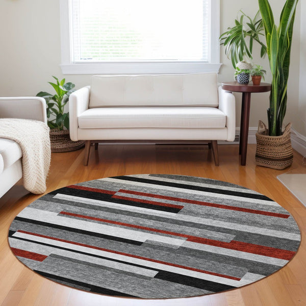HomeRoots 5' Durable Washable Gray Black and Red Striped Area Rug for Indoor Outdoor Spaces - Modern Style! 8' Round 613274
