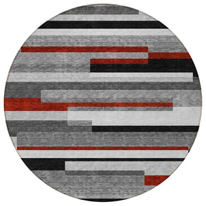 HomeRoots 5' Durable Washable Gray Black and Red Striped Area Rug for Indoor Outdoor Spaces - Modern Style! 8' Round 613274