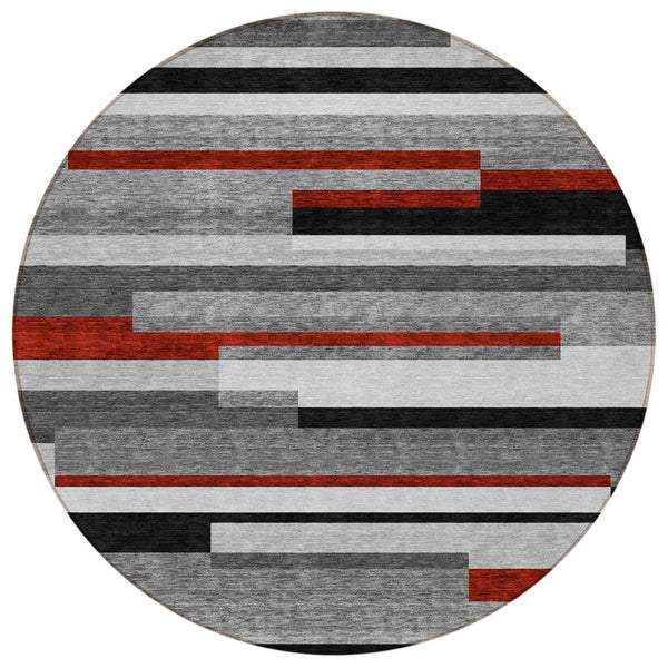 HomeRoots 5' Durable Washable Gray Black and Red Striped Area Rug for Indoor Outdoor Spaces - Modern Style! 8' Round 613274