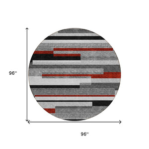 HomeRoots 5' Durable Washable Gray Black and Red Striped Area Rug for Indoor Outdoor Spaces - Modern Style! 8' Round 613274