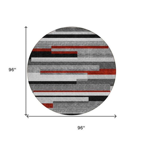 HomeRoots 5' Durable Washable Gray Black and Red Striped Area Rug for Indoor Outdoor Spaces - Modern Style! 8' Round 613274