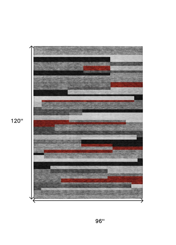 HomeRoots 5' Durable Washable Gray Black and Red Striped Area Rug for Indoor Outdoor Spaces - Modern Style! 8' X 10' 613275