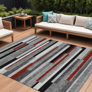 HomeRoots 5' Durable Washable Gray Black and Red Striped Area Rug for Indoor Outdoor Spaces - Modern Style! 8' X 10' 613275