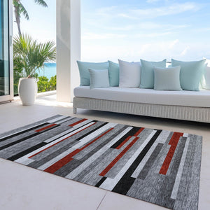 HomeRoots 5' Durable Washable Gray Black and Red Striped Area Rug for Indoor Outdoor Spaces - Modern Style! 8' X 10' 613275