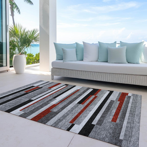 HomeRoots 5' Durable Washable Gray Black and Red Striped Area Rug for Indoor Outdoor Spaces - Modern Style! 8' X 10' 613275