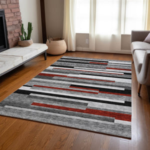 HomeRoots 5' Durable Washable Gray Black and Red Striped Area Rug for Indoor Outdoor Spaces - Modern Style! 8' X 10' 613275