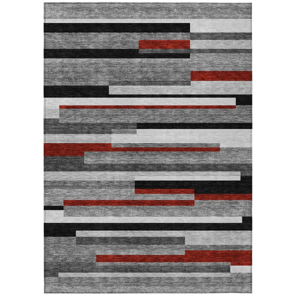 HomeRoots 5' Durable Washable Gray Black and Red Striped Area Rug for Indoor Outdoor Spaces - Modern Style! 9' X 12' 613276