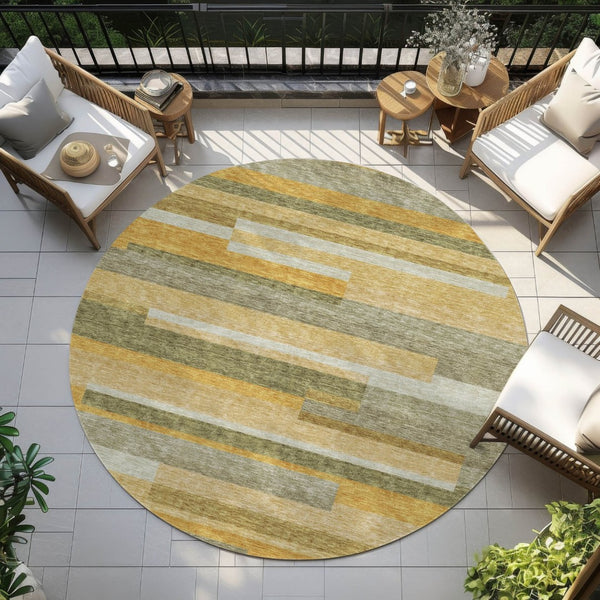 HomeRoots 5' Gold Wheat and Ivory Striped Washable Area Rug - Stylish Indoor/Outdoor Decor for Any Space 8' Round 613280