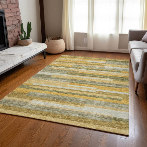HomeRoots 5' Gold Wheat and Ivory Striped Washable Area Rug - Stylish Indoor/Outdoor Decor for Any Space 9' X 12' 613282