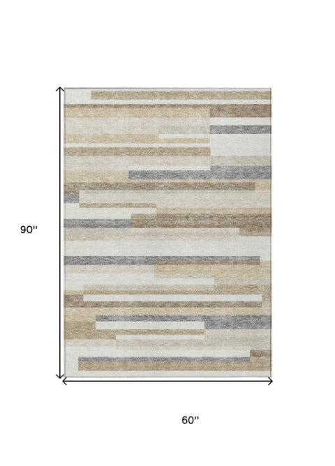 Homeroots 3' Striped Washable Area Rug For Indoor And Outdoor Spaces - Durable, Stylish, And Easy To Maintain Ivory Polyester 613285