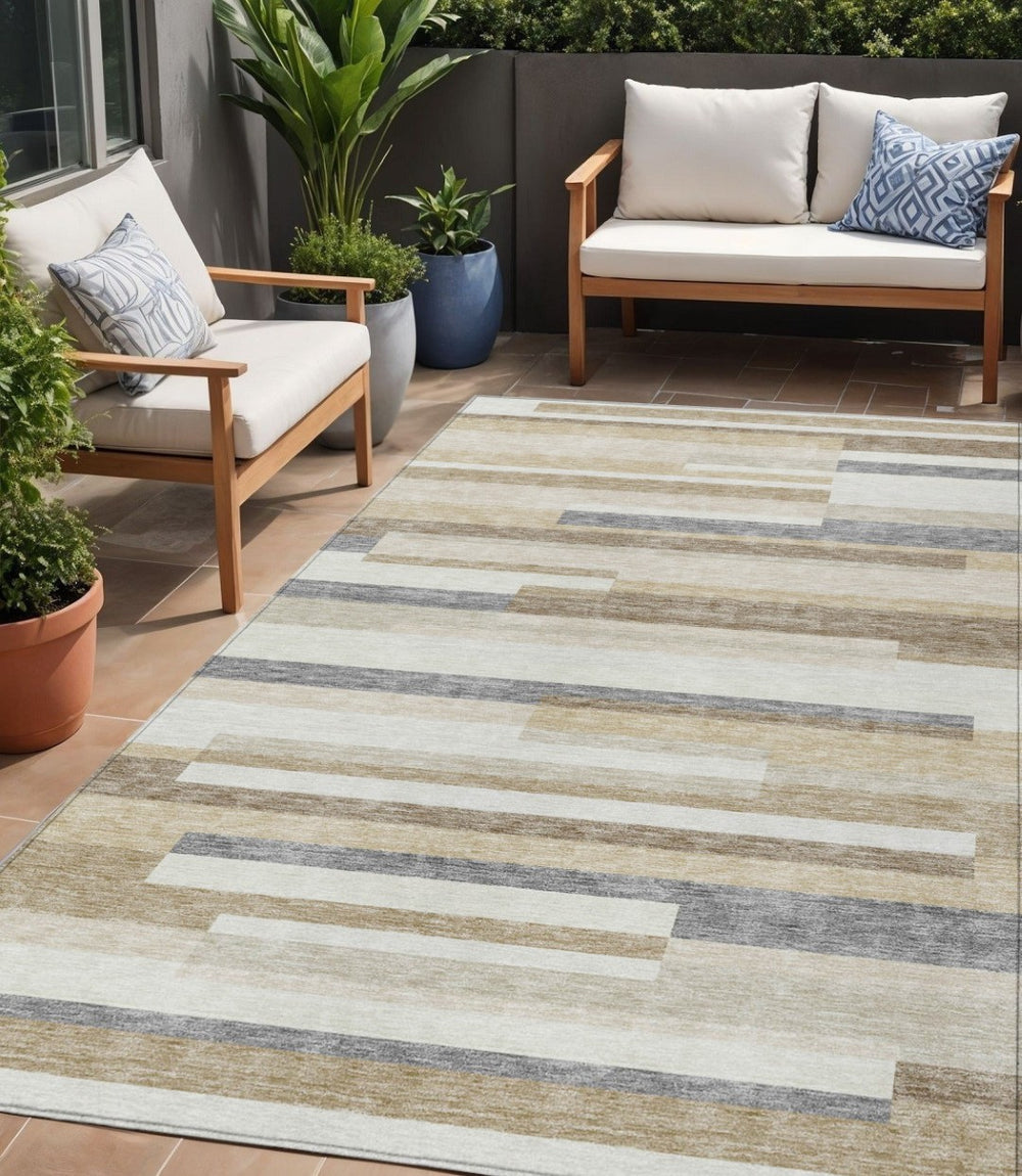 HomeRoots 5' Striped Washable Area Rug - Timeless Ivory, Beige & Taupe Design for Indoor & Outdoor Spaces 5' X 8' 613285
