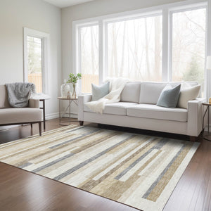 Homeroots 3' Striped Washable Area Rug For Indoor And Outdoor Spaces - Durable, Stylish, And Easy To Maintain Ivory Polyester 613285