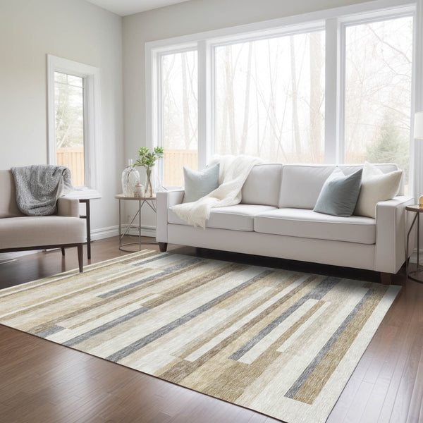 Homeroots 3' Striped Washable Area Rug For Indoor And Outdoor Spaces - Durable, Stylish, And Easy To Maintain Ivory Polyester 613285