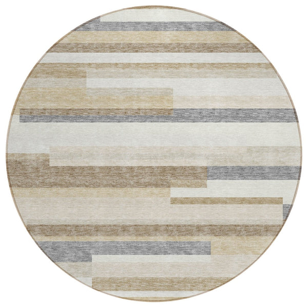 HomeRoots 5' Striped Washable Area Rug - Timeless Ivory, Beige & Taupe Design for Indoor & Outdoor Spaces 8' Round 613286