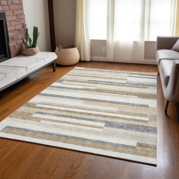Homeroots 3' Striped Washable Area Rug For Indoor And Outdoor Spaces - Durable, Stylish, And Easy To Maintain Ivory Polyester 613288