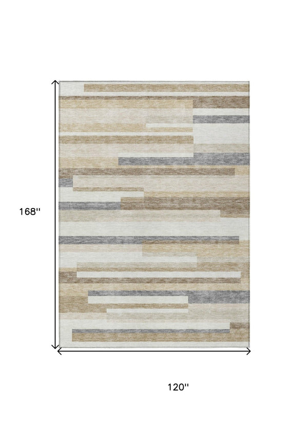 HomeRoots 5' Striped Washable Area Rug - Timeless Ivory, Beige & Taupe Design for Indoor & Outdoor Spaces 10' X 14' 613289