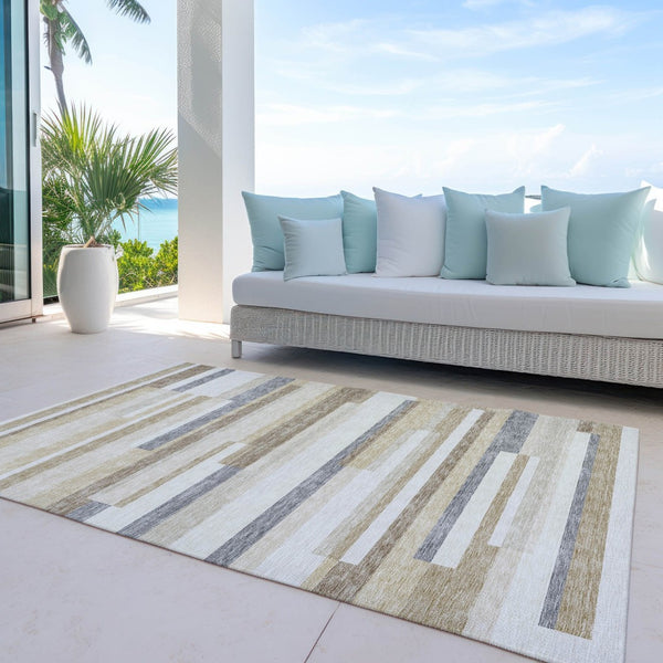 HomeRoots 5' Striped Washable Area Rug - Timeless Ivory, Beige & Taupe Design for Indoor & Outdoor Spaces 10' X 14' 613289