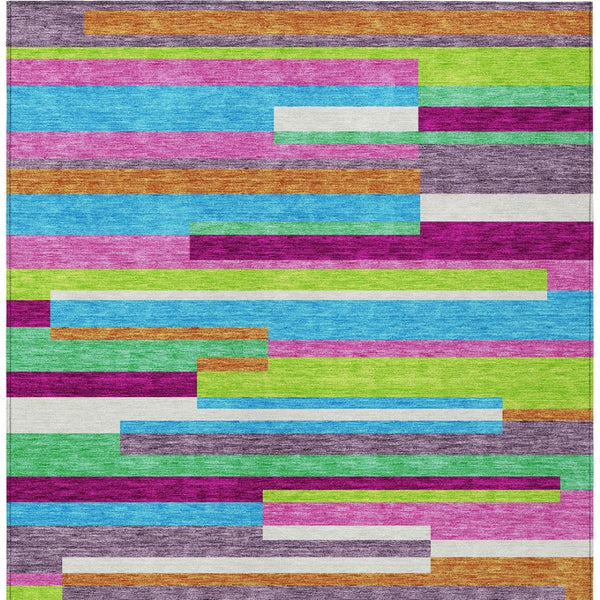 HomeRoots 5' Vibrant Striped Area Rug in Lavender, Orange, and Lime Green – Washable Indoor/Outdoor Design 5' X 8' 613291