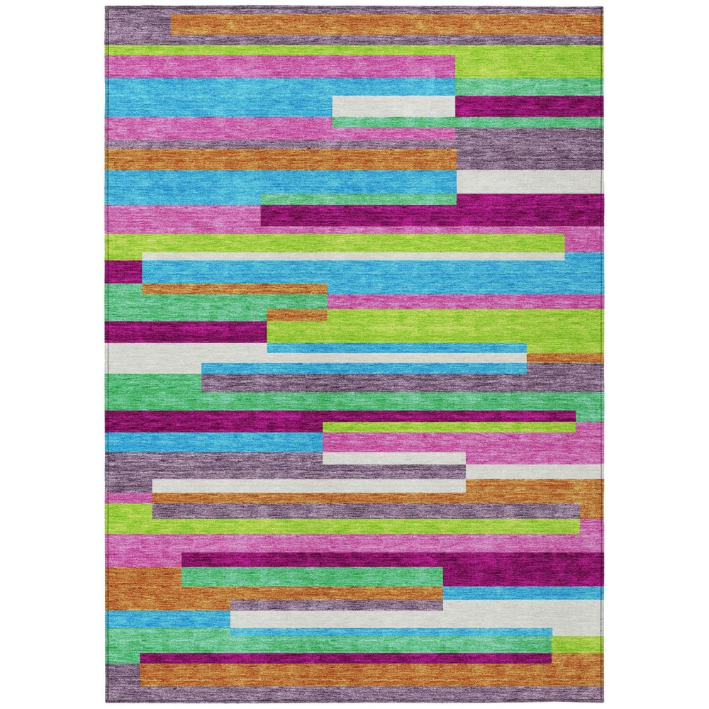 HomeRoots 5' Vibrant Striped Area Rug in Lavender, Orange, and Lime Green – Washable Indoor/Outdoor Design 5' X 8' 613291