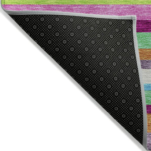 HomeRoots 5' Vibrant Striped Area Rug in Lavender, Orange, and Lime Green – Washable Indoor/Outdoor Design 5' X 8' 613291