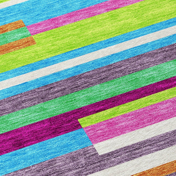 HomeRoots 5' Vibrant Striped Area Rug in Lavender, Orange, and Lime Green – Washable Indoor/Outdoor Design 5' X 8' 613291