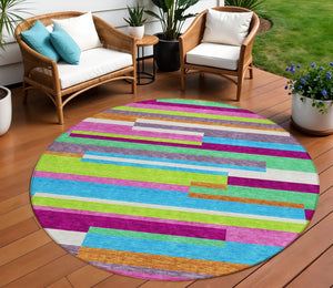 HomeRoots 5' Vibrant Striped Area Rug in Lavender, Orange, and Lime Green – Washable Indoor/Outdoor Design 8' Round 613292