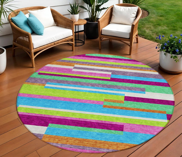 HomeRoots 5' Vibrant Striped Area Rug in Lavender, Orange, and Lime Green – Washable Indoor/Outdoor Design 8' Round 613292