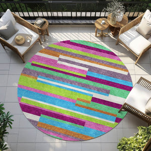 HomeRoots 5' Vibrant Striped Area Rug in Lavender, Orange, and Lime Green – Washable Indoor/Outdoor Design 8' Round 613292
