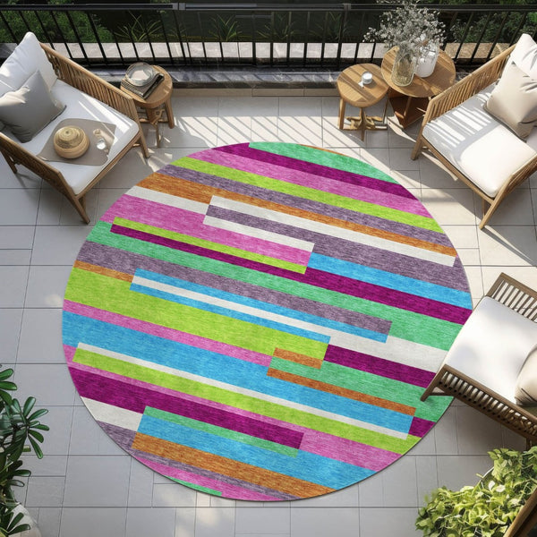 HomeRoots 5' Vibrant Striped Area Rug in Lavender, Orange, and Lime Green – Washable Indoor/Outdoor Design 8' Round 613292