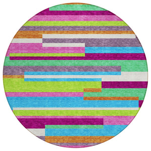 HomeRoots 5' Vibrant Striped Area Rug in Lavender, Orange, and Lime Green – Washable Indoor/Outdoor Design 8' Round 613292