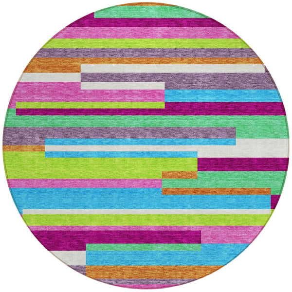 HomeRoots 5' Vibrant Striped Area Rug in Lavender, Orange, and Lime Green – Washable Indoor/Outdoor Design 8' Round 613292