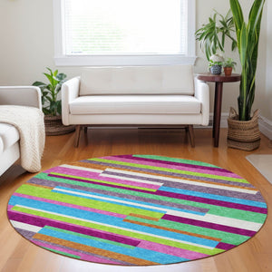 HomeRoots 5' Vibrant Striped Area Rug in Lavender, Orange, and Lime Green – Washable Indoor/Outdoor Design 8' Round 613292