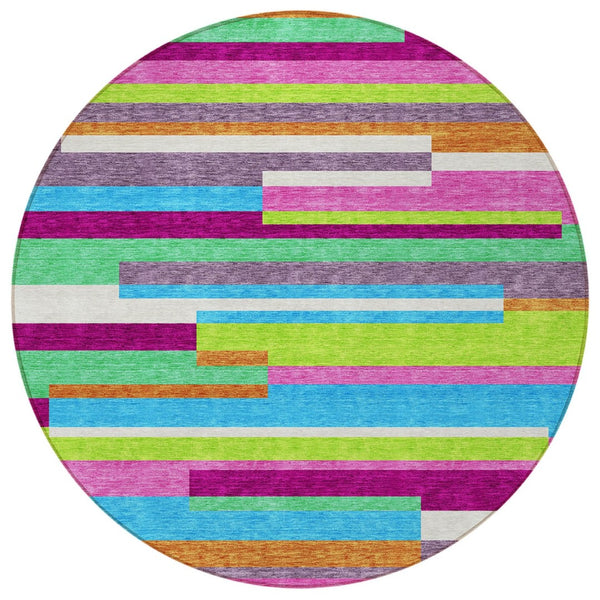 HomeRoots 5' Vibrant Striped Area Rug in Lavender, Orange, and Lime Green – Washable Indoor/Outdoor Design 8' Round 613292