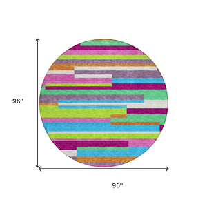 HomeRoots 5' Vibrant Striped Area Rug in Lavender, Orange, and Lime Green – Washable Indoor/Outdoor Design 8' Round 613292