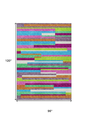 HomeRoots 5' Vibrant Striped Area Rug in Lavender, Orange, and Lime Green – Washable Indoor/Outdoor Design 8' X 10' 613293