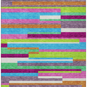 HomeRoots 5' Vibrant Striped Area Rug in Lavender, Orange, and Lime Green – Washable Indoor/Outdoor Design 9' X 12' 613294