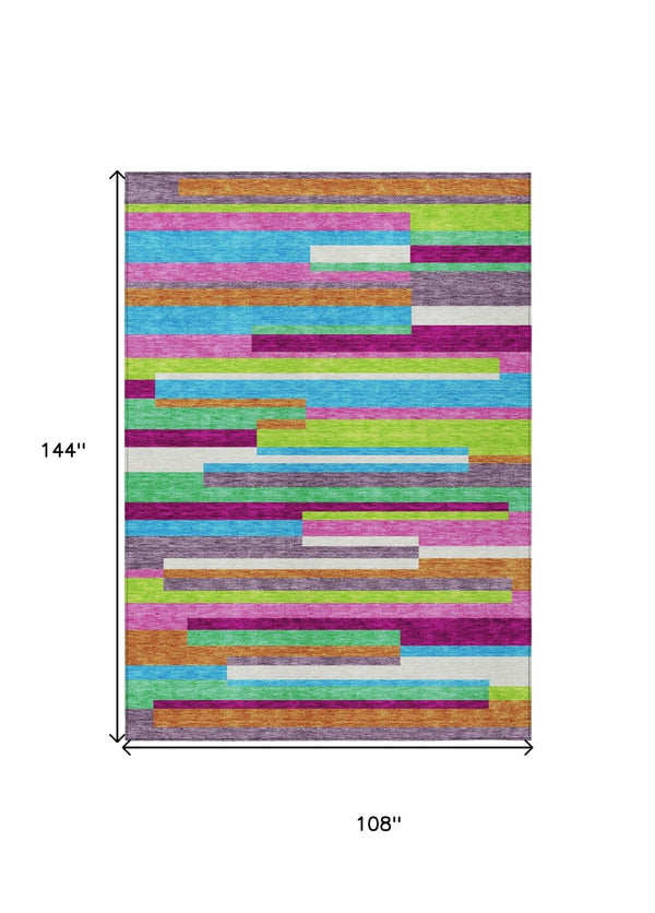 HomeRoots 5' Vibrant Striped Area Rug in Lavender, Orange, and Lime Green – Washable Indoor/Outdoor Design 9' X 12' 613294