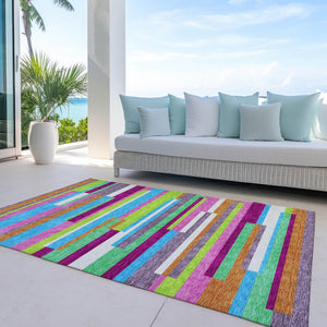 HomeRoots 5' Vibrant Striped Area Rug in Lavender, Orange, and Lime Green – Washable Indoor/Outdoor Design 9' X 12' 613294
