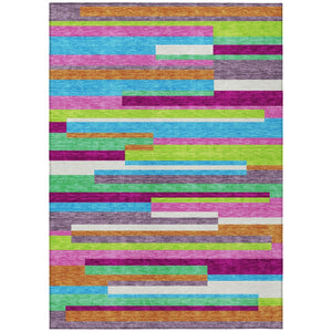 HomeRoots 5' Vibrant Striped Area Rug in Lavender, Orange, and Lime Green – Washable Indoor/Outdoor Design 9' X 12' 613294