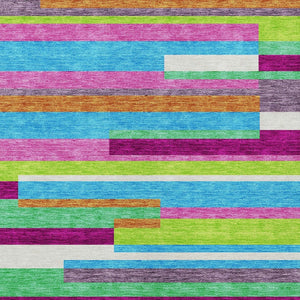 HomeRoots 5' Vibrant Striped Area Rug in Lavender, Orange, and Lime Green – Washable Indoor/Outdoor Design 9' X 12' 613294