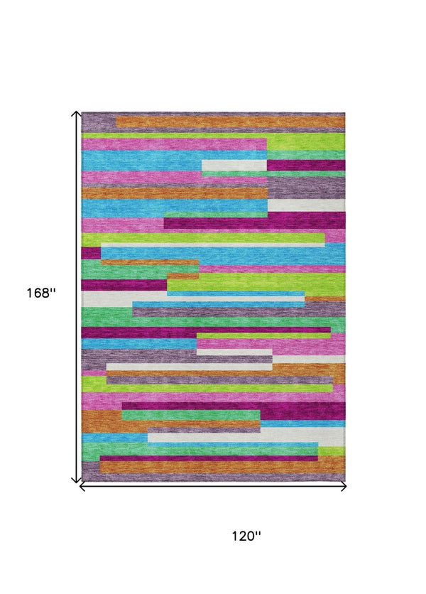 HomeRoots 5' Vibrant Striped Area Rug in Lavender, Orange, and Lime Green – Washable Indoor/Outdoor Design 10' X 14' 613295