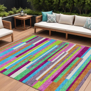 HomeRoots 5' Vibrant Striped Area Rug in Lavender, Orange, and Lime Green – Washable Indoor/Outdoor Design 10' X 14' 613295