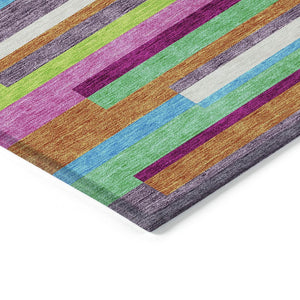 HomeRoots 5' Vibrant Striped Area Rug in Lavender, Orange, and Lime Green – Washable Indoor/Outdoor Design 10' X 14' 613295