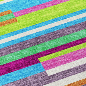 HomeRoots 5' Vibrant Striped Area Rug in Lavender, Orange, and Lime Green – Washable Indoor/Outdoor Design 10' X 14' 613295