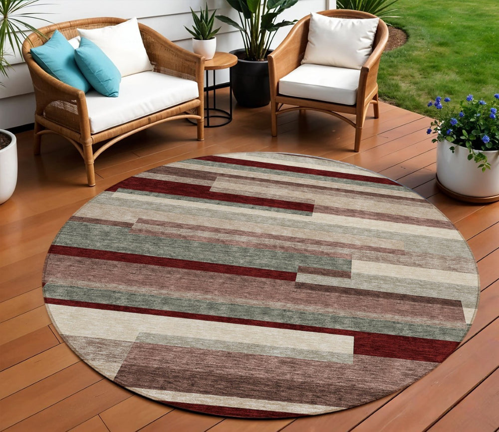 HomeRoots 5' Stylish Merlot Burgundy and Beige Striped Washable Area Rug for Indoor and Outdoor Versatility 8' Round 613298