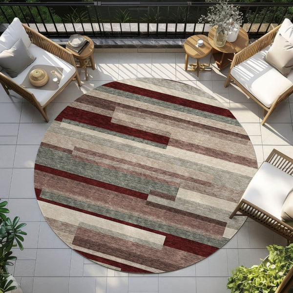 HomeRoots 5' Stylish Merlot Burgundy and Beige Striped Washable Area Rug for Indoor and Outdoor Versatility 8' Round 613298