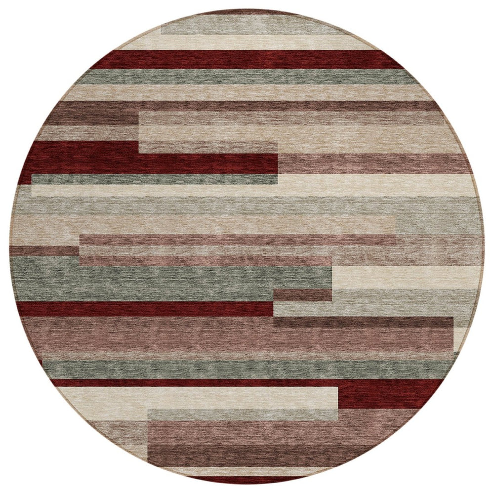 HomeRoots 5' Stylish Merlot Burgundy and Beige Striped Washable Area Rug for Indoor and Outdoor Versatility 8' Round 613298