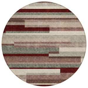 HomeRoots 5' Stylish Merlot Burgundy and Beige Striped Washable Area Rug for Indoor and Outdoor Versatility 8' Round 613298