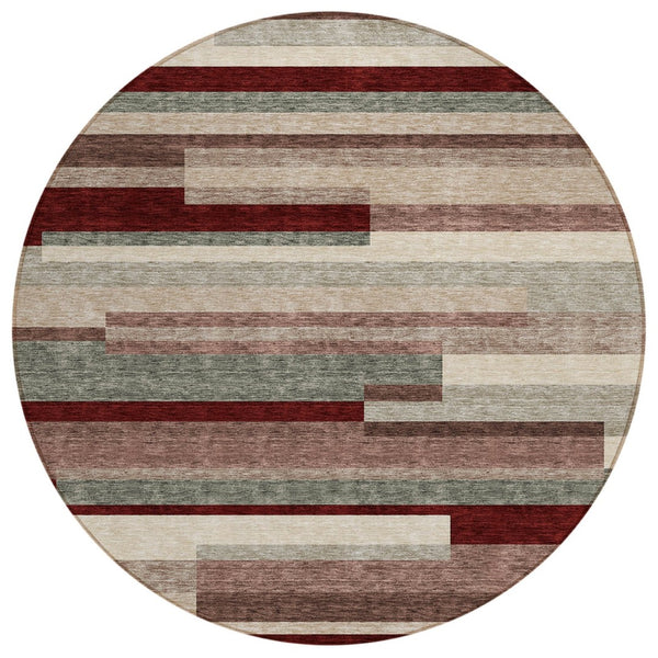HomeRoots 5' Stylish Merlot Burgundy and Beige Striped Washable Area Rug for Indoor and Outdoor Versatility 8' Round 613298