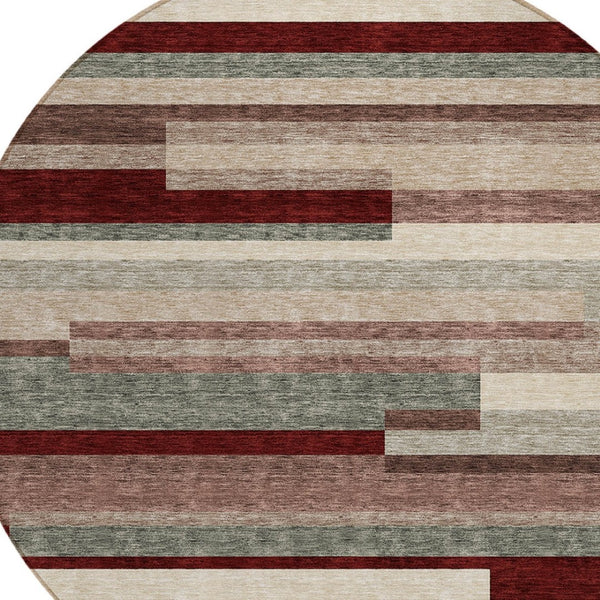 HomeRoots 5' Stylish Merlot Burgundy and Beige Striped Washable Area Rug for Indoor and Outdoor Versatility 8' Round 613298